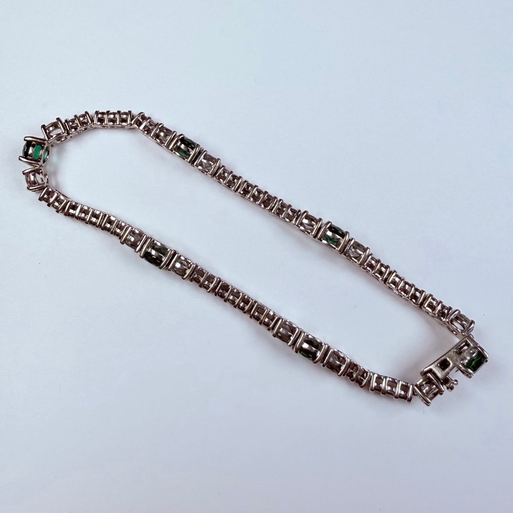 Art Deco Revival Emerald and Topaz Glass 925 Sterling Silver Tennis Bracelet - Picture 5 of 11